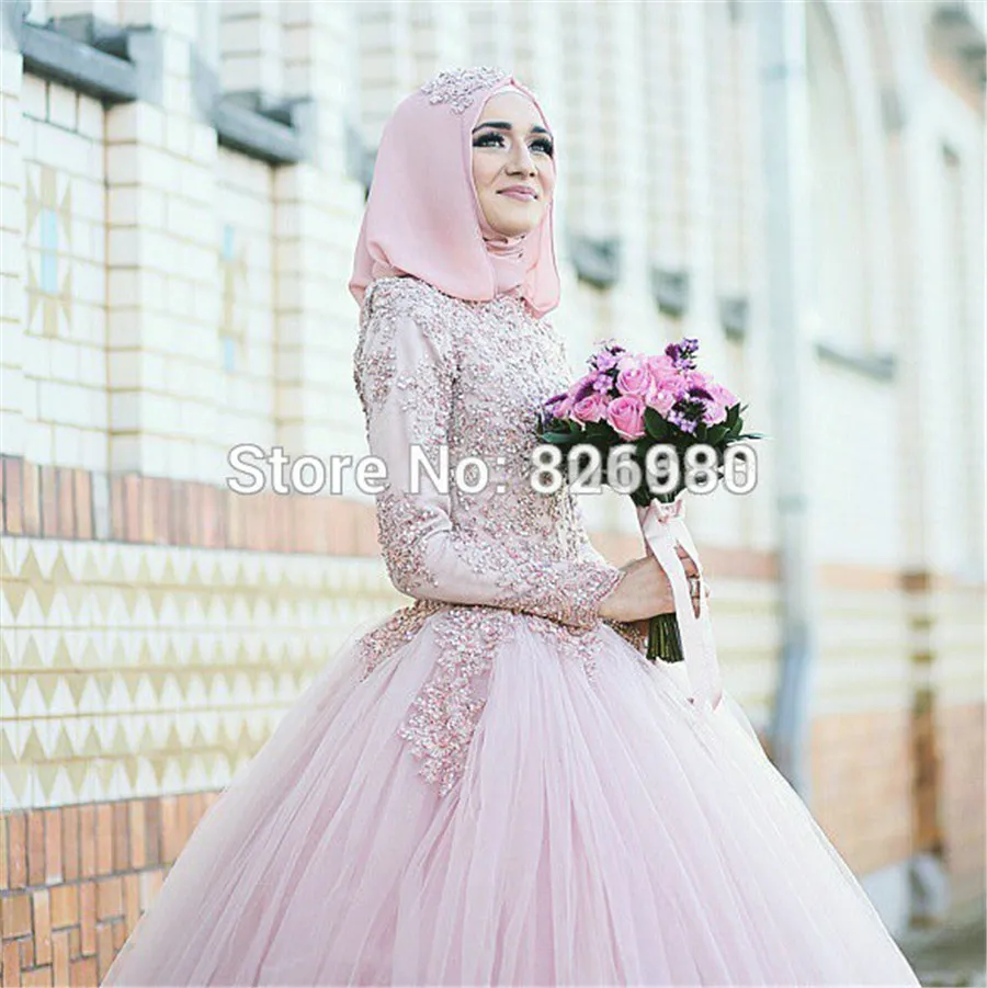 DressesRose YWD16 Ball Gown Beaded Lace Appliqued font b Hijab b font Long Sleeve Arabic Turkish
