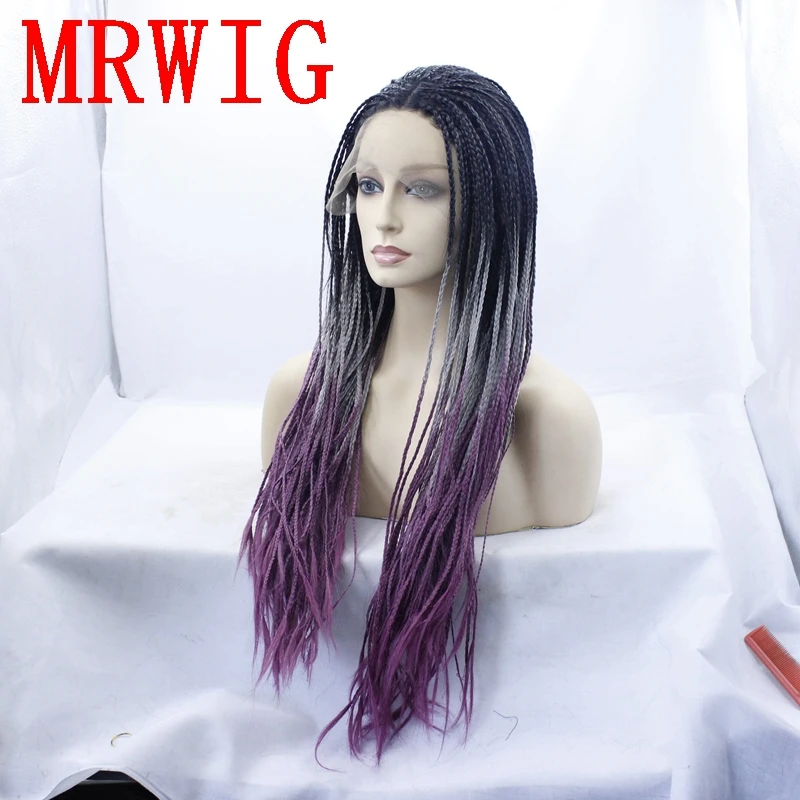 

MRWIG Middle Part Box Braids Glueless Front Lace Wig 26in 650g Real Picture Ombre Black/Grey/Purple Braided Wigs for Black Women