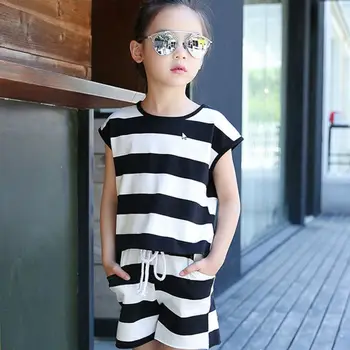 

Girl 2 Pcs Clothing Set Kids Fashion Sleeveless Striped T-Shirt+Shorts Clothing Set Girls Summer Cotton Soft Outfits AA11762