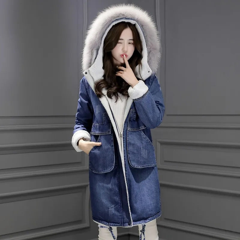 Одежда высшего качества Длинные свободные Fit теплое джинсовое пальто женская зимняя кепки меховая подкладка Feminino Корея на молниикост