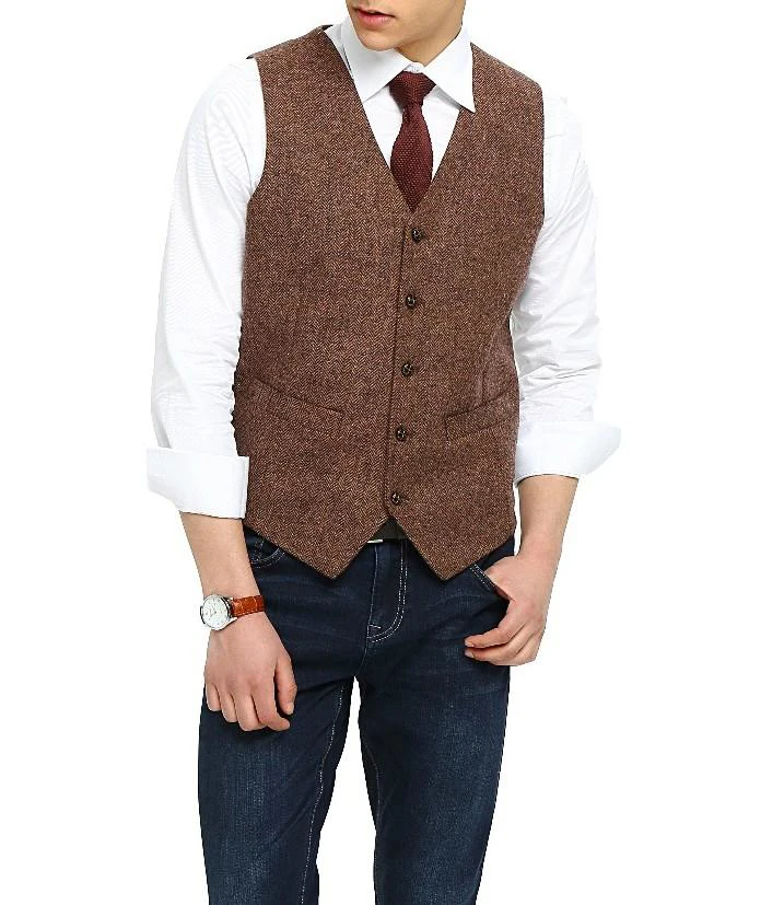 

2018 Country Farm Brown Wool Herringbone Tweed Dress Vests Custom Made Groom Vest Slim Fit Mens Suit Vest Wedding Waistcoat Plus