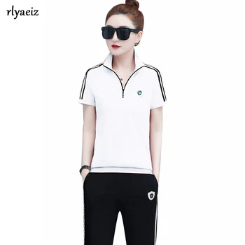 

Rlyaeiz Korean 2 Piece Set Women Sporting Wear 2019 Summer Fashion Cotton Short Sleeve Striped T shirts + Pants Female Tracksuit