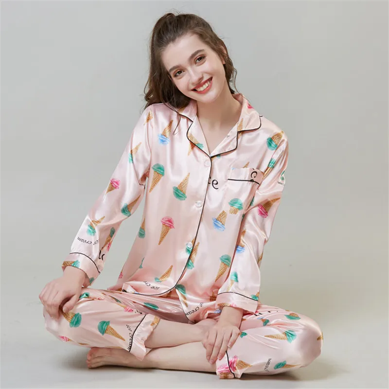 

JULY'S SONG Women's Faux Silk Satin Pajamas Set Sleepwear Pajamas Long Sleeves Suit Female Sleep Two Piece Set Lounge Plus Size