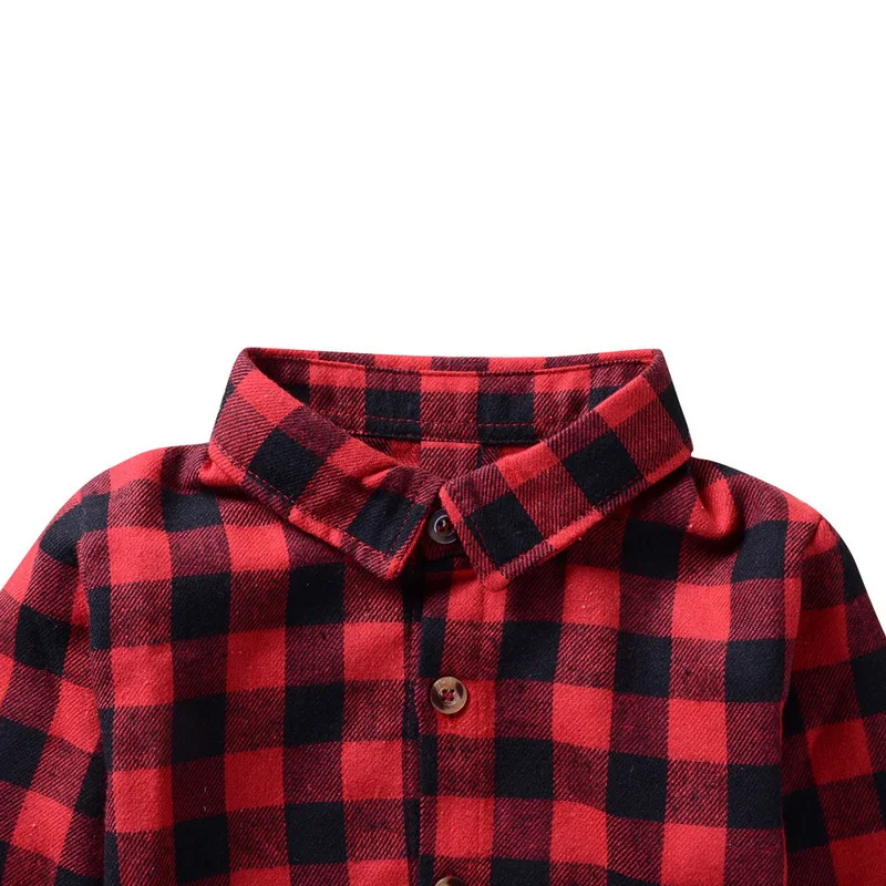 Shujin Kids Little Boys Girls Baby Letters Print Long Sleeve Button Down Red Plaid Flannel Shirt Spring Autumn New Fashion