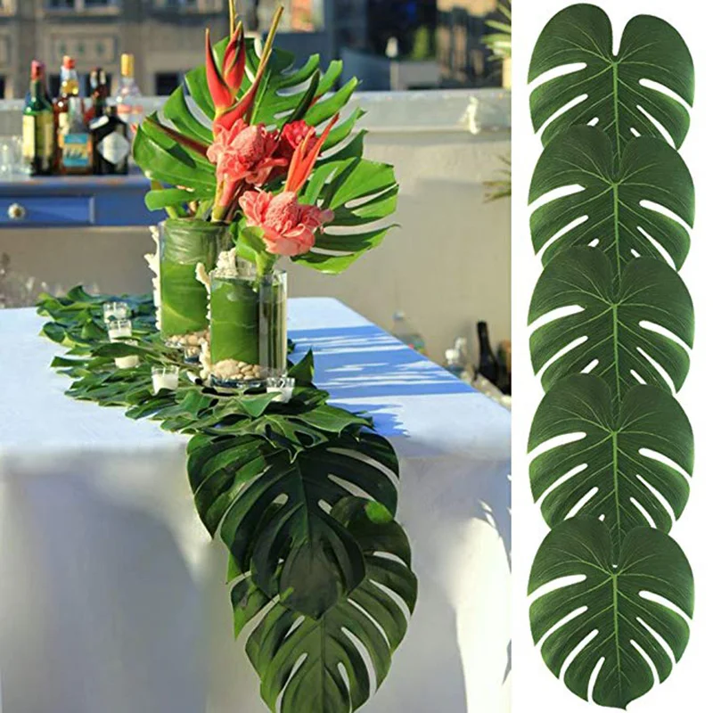 12pcs/Lot Fabric Artificial Palm Leaves Tropical Hawaiian Luau Party Jungle Beach Theme Party Table Decoration Accessories Decor