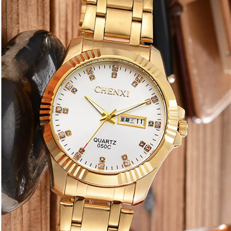 CHENXI золотые часы мужские наручные часы лучший бренд класса люкс известный мужской часы золотые кварцевые Полный календарь Relogio Masculino - Цвет: 050C White