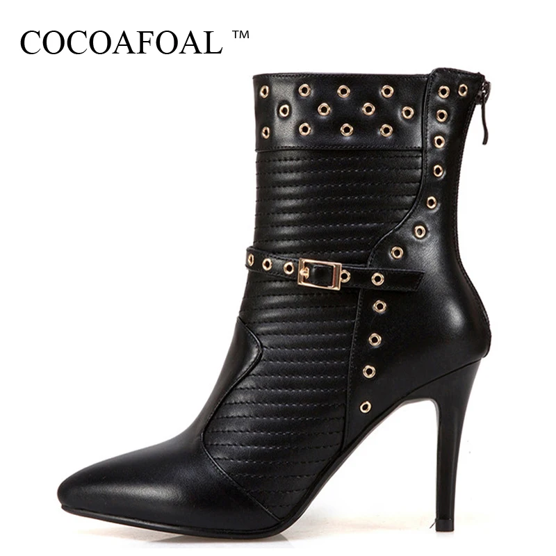 

COCOAFOAL Autumn Winter Women's Genuine Leather Chelsea Boots High Heels Black White Ankle Boots Zipper Plus Size Woman Shoes