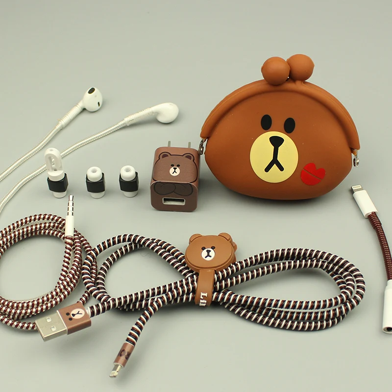 

USB Cable Earphone Protector Set with Cable Winder Cartoon stickers USB Charger cable cord protector For iphone 5 5S 6 7 8