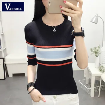 

Vangull Knitted Women Sweaters Autumn O-neck Long Sleeve Striped Pullovers 2019 Spring New Casual Elasticity Slim Female Sweater
