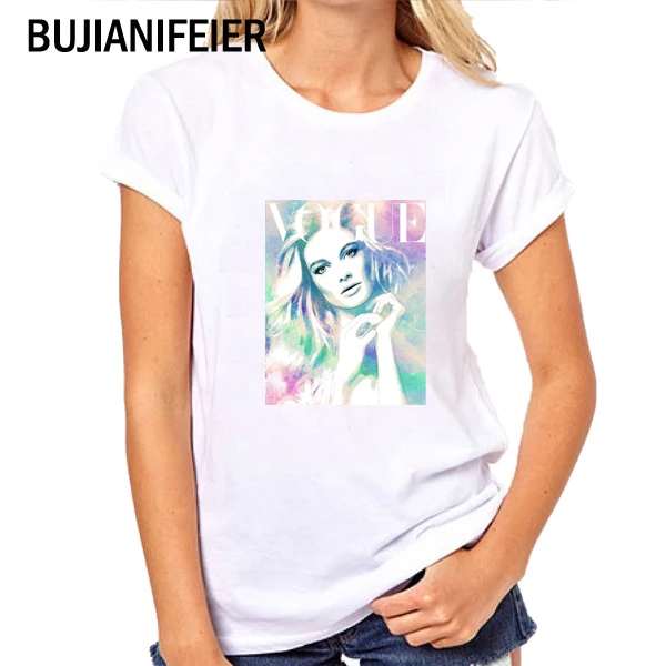 

BUJIANIFEIER 2019 NEW white fashion summer Short sleeve girl Slim fit print VOGUE GIRL T-shirt BJN115