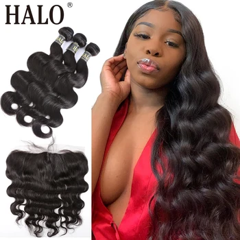 

Halo hair Brazilian Body Wave Lace Frontal Closure 13X4 Free Part Pre Preplucked With 3/4 Bundles 100% Human Virgin Hair