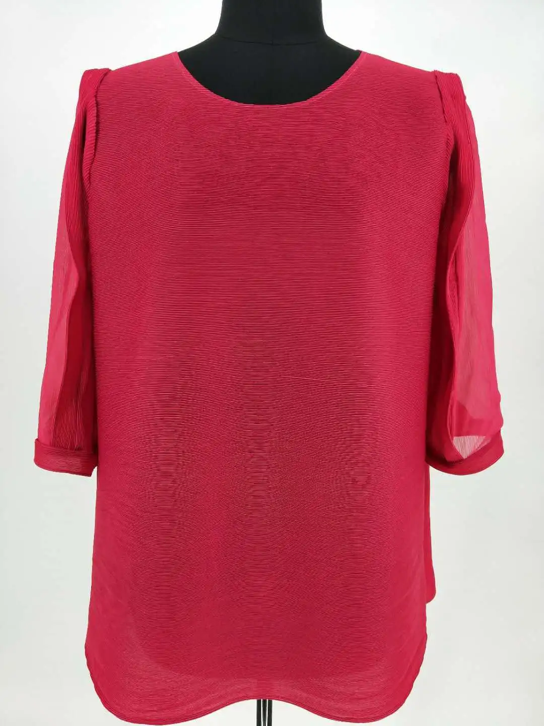 

Autumn New Lace Transparent Middle Sleeve Formal Long O-neck Lantern Sleeve Pleat T Shirt