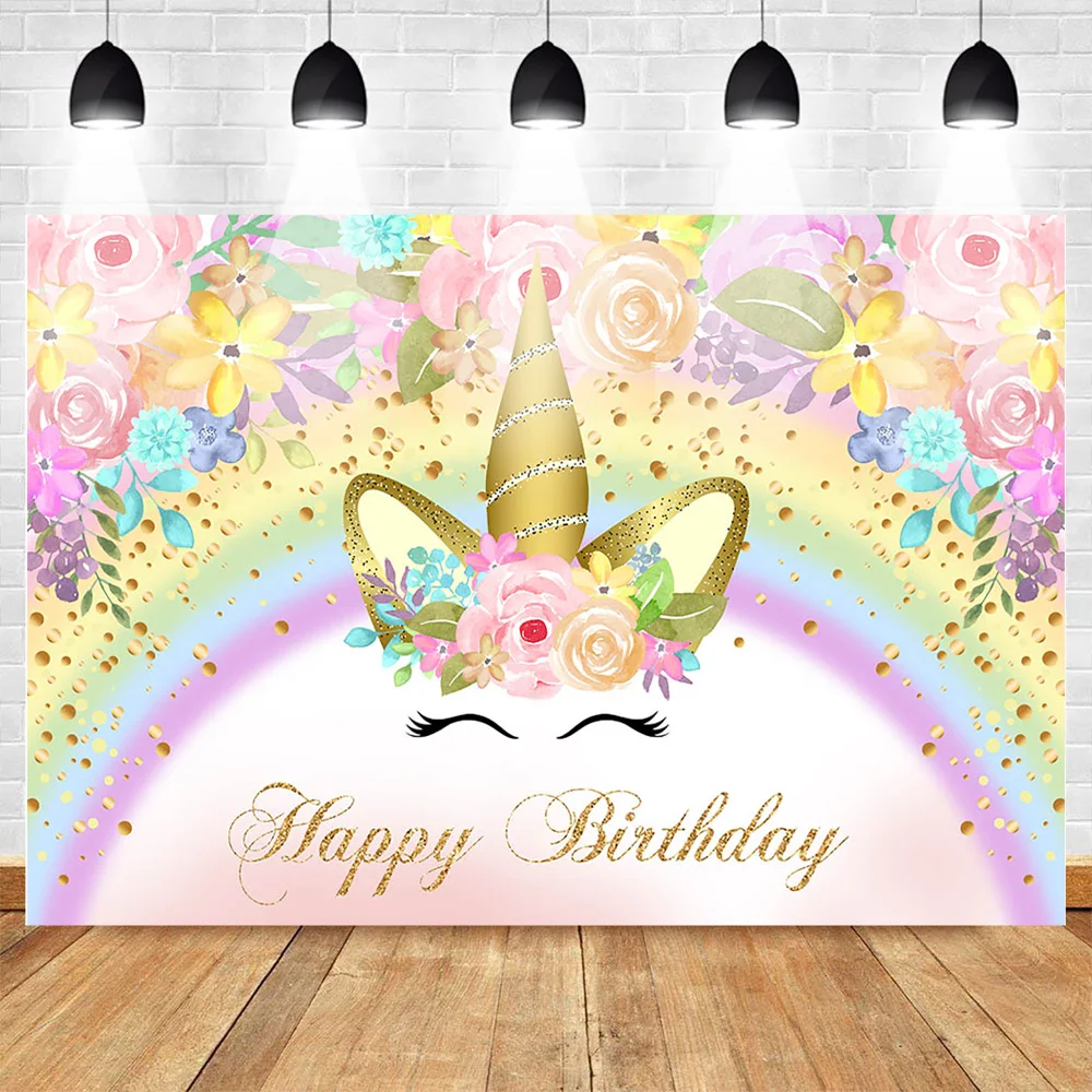 

Mehofoto Unicorn Happy Birthday Backdrop Gold Glitter Rainbow Unicorn Floral Background Cake Table Banner Photo Booth Backdrops