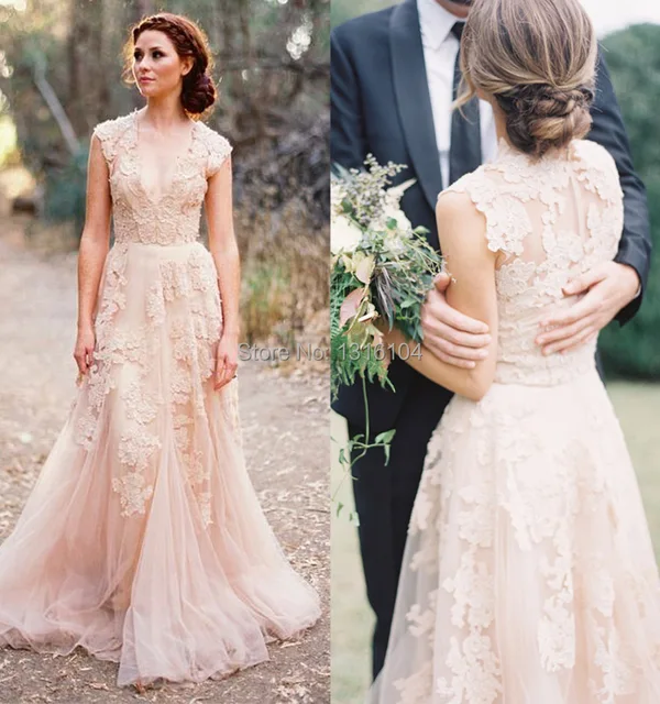 2016 New Light Champagne Deep V Neck Vintage Lace Bride Wedding 2016 New Light Champagne Deep V Neck Vintage Lace Bride Wedding Dresses Outdoor Floor Length