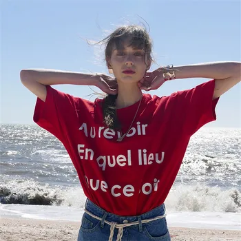 

2019 Summer Korean Designer Normcore 90s Tops Letter Printing Women T-shirt Loose Round Neck Vintage Long Tee Casual Couple Wear