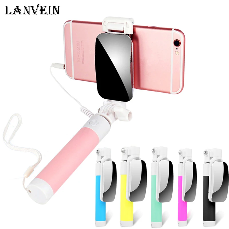 Mini Wired Extendable Handheld Selfie Stick Monopod with Mirror for Iphone 6 6s 5 IOS font
