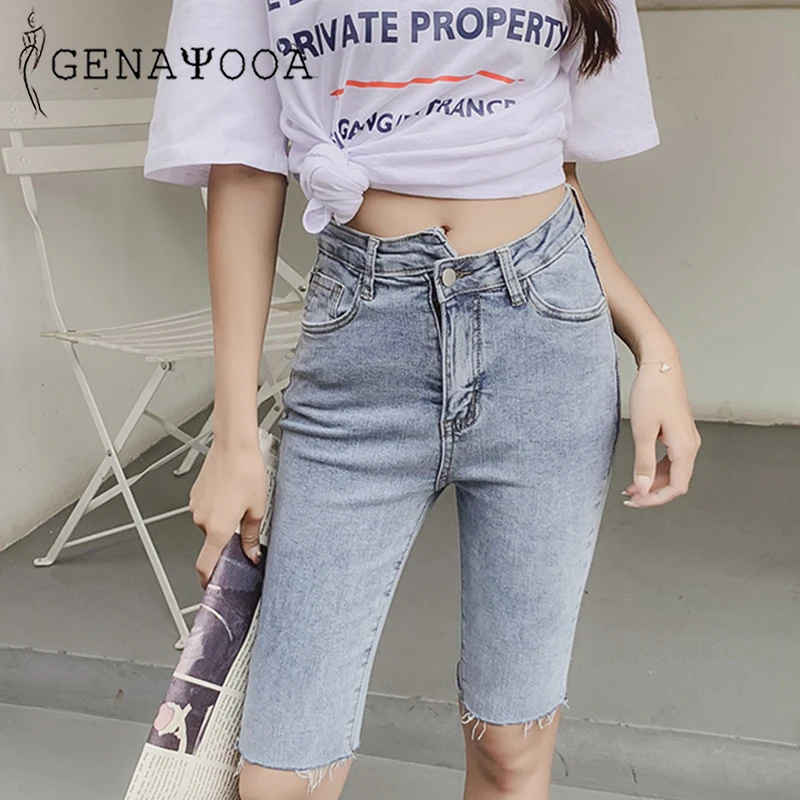 

Genayooa Streetwear Elastic Spandex Shorts Women Knee Length High Waist Jeans Shorts Women Black Denim Shorts Biker Shorts Punk