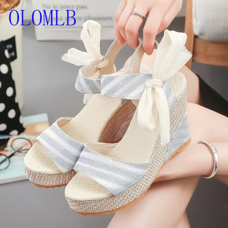 

OLOMLB Shoes Women 2019 Summer New Sweet Flowers Buckle Open Toe Wedge Sandals Stripe high-heeled Shoes Platform Sandals