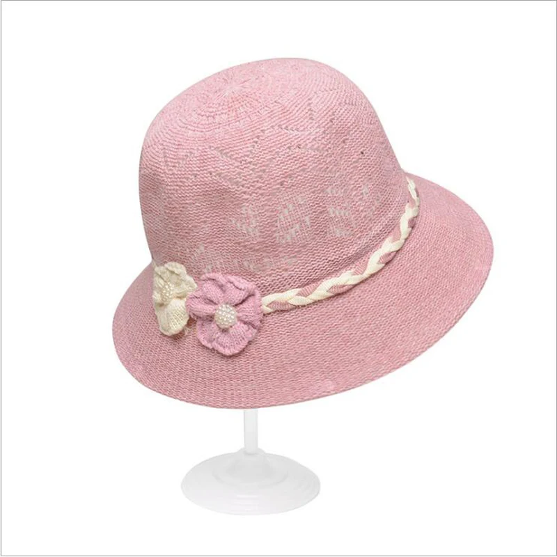 100 шт/партия, новая дышащая вязаная Солнцезащитная шляпа, однотонный Модный жемчужный цветок, вязаная крючком летняя кепка Панама