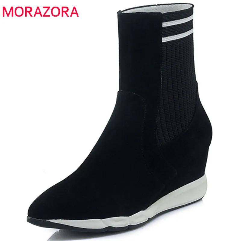 

MORAZORA 2020 new arrival ankle boots for women cow suede leather Stretch socks boots autumn winter comfortable wedges shoes