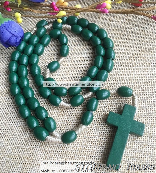 wholesale cheap green oval wooden beads religious rosary, catholic rosary necklace, strand