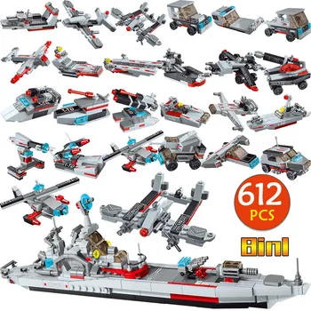 

612PCS Military City Army Aircraft Building Blocks WW2 Boat Helicopter Warship Soldier 8 IN 1 Bricks Toys for Kids Boys