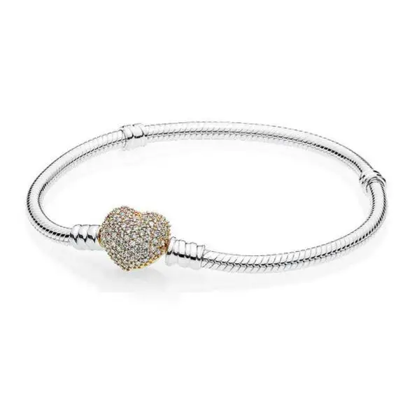 

925 Sterling Silver Gold Color Moments Pave Heart Clasp With Crystal Pandora Bracelet Bangle Fit Bead Charm Diy Europe Jewelry