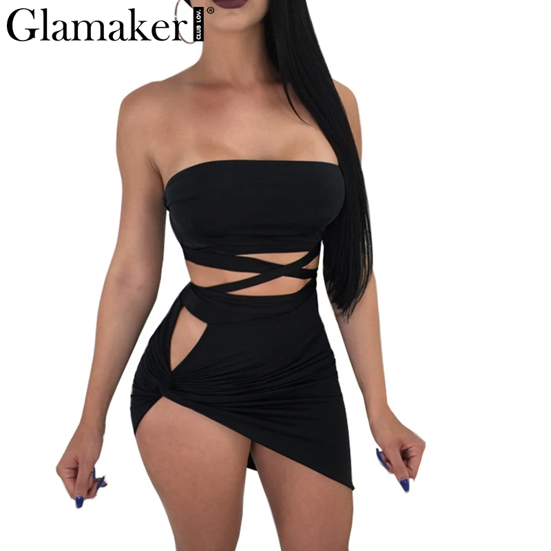 

Glamaker Sexy strapless bandage bow bodycon dress Women asymmetric pleated hollow out mini summer dress Evening party vestidos