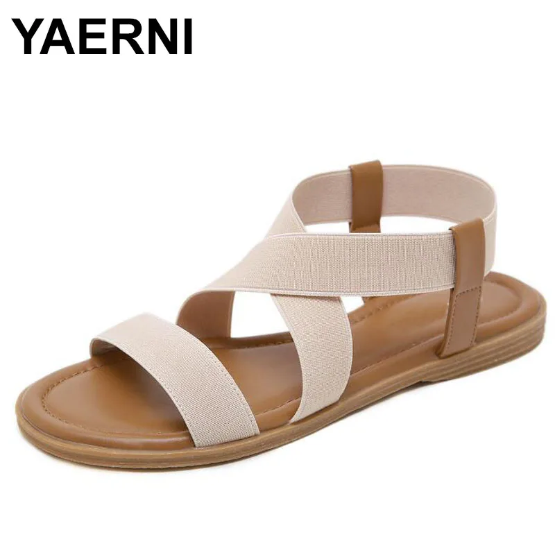 

YAERNI Women Sandals High Quality Comfortable elastic fabric Flat Breathable Sandals Lady Shoes Woman White flip flops Sandalias