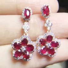 Натуральный рубиновый цветок стиль Висячие серьги 925 серебро 0.35ct* 12 шт цветок с драгоценными камнями серьги# L8050809B