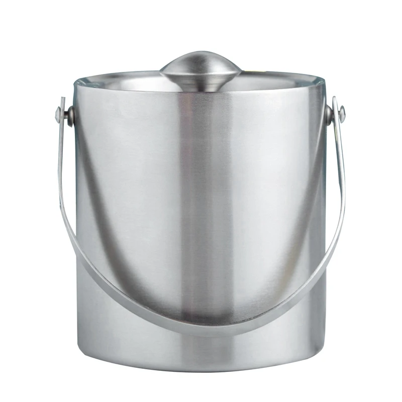 

Ice Bucket Silver 1.3L Stainless Steel Insulated Lid Tongs Wine Cooler