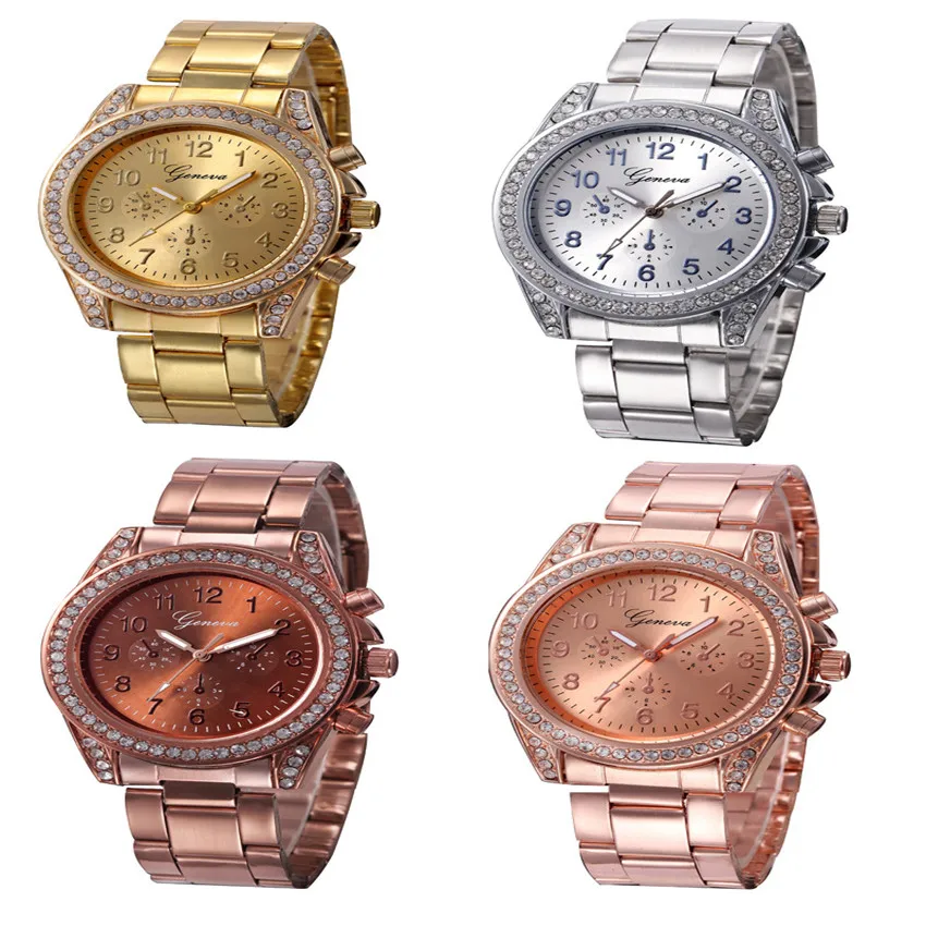 

Fashion Geneva Ladies Women Stainless Steel Band Quartz Wrist Watch Ladies Clock Reloj hombre Digital dial Rhinestone Hours B40