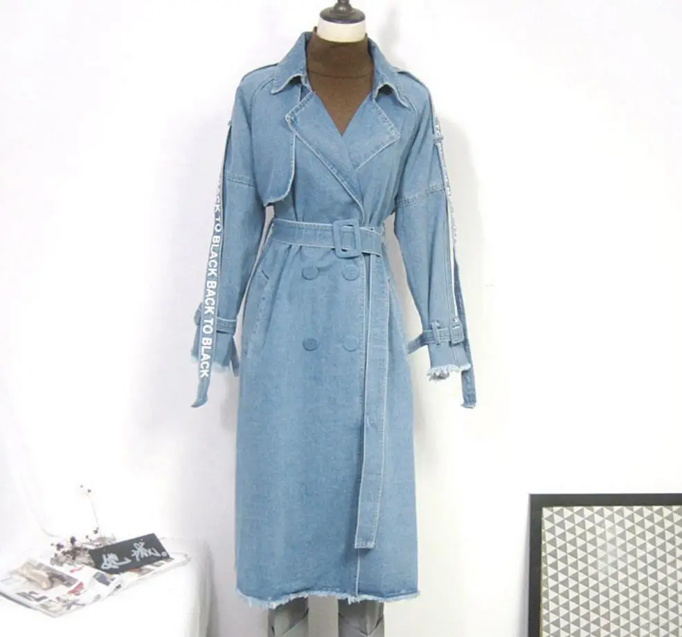 Весна Осень Мода отложной воротник тонкий пояс талии Тренч пальто длинное джинсовое пальто для женщин - Цвет: blue