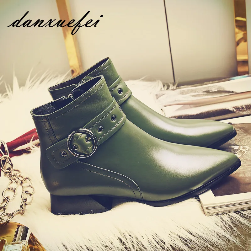 

Women's Genuine Leather Metal Buckle Autumn Ankle Boots Brand Designer Pointed Toe Low Heel Short Booties Plus Size Shoes Women