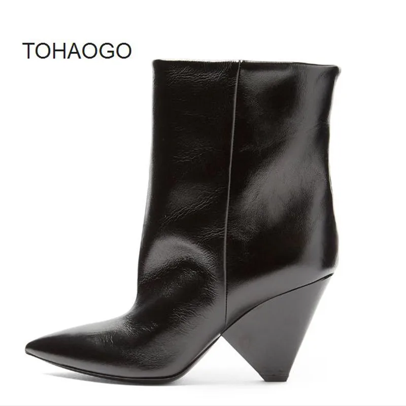 

European and American new black PU high heel women's boots Spring and autumn Large size pointed booties chelsea boots boty