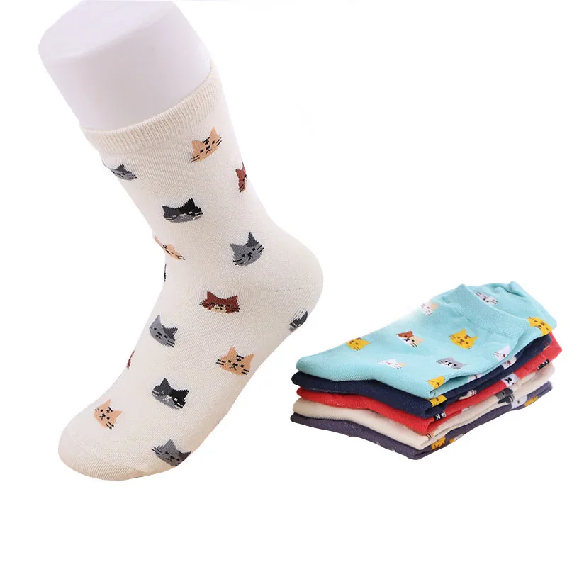 5 paires de chaussettes respirantes pour femmes, chaussettes colorées amusantes avec visage de chat de dessin animé pour filles, jolies chaussettes à la mode de collège d'art Calcetine