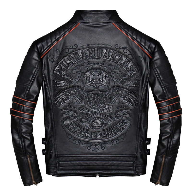 

2019 Black Men Skulls Embroidery Slim Fit Biker's Leather Jacket Plus Size 4XL Real Cowhide Short Motorcycle Coat FREE SHIPPING