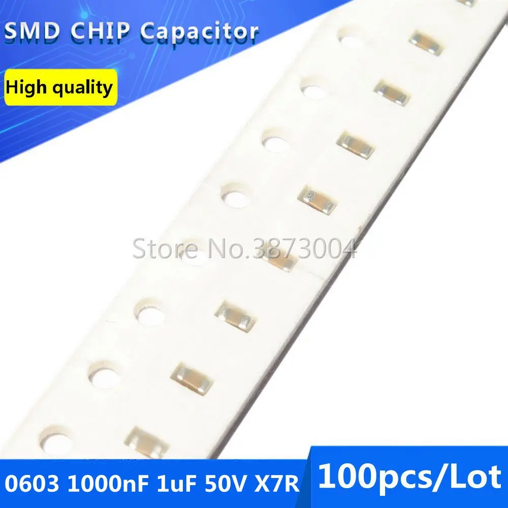 

100pcs 0603 1000nF 1uF 50V X7R 10% SMD Chip Capacitor