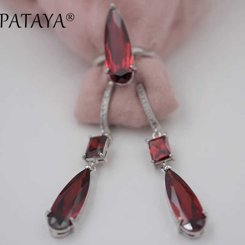 

PATAYA New Green Water Drop Natural Zirconia Long Earrings Ring Sets True White Gold Bride Nigerian Wedding Women Jewelry Sets