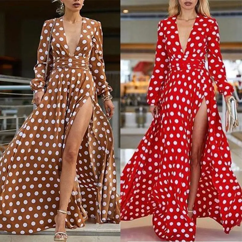 Polka Dot Dress Red Long Sleeve Summer Dress 2019 Women Boho Dresses 