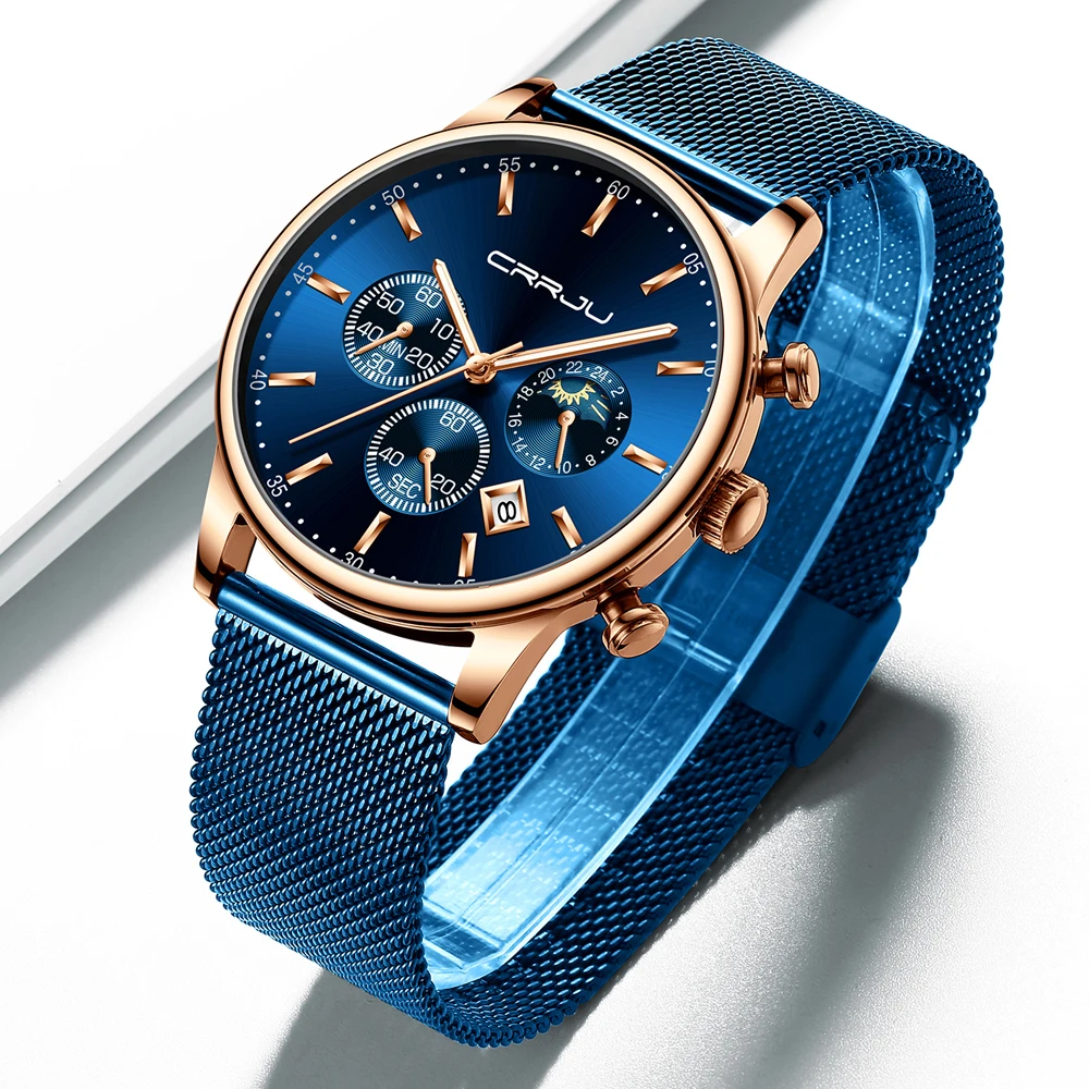 CRRJU сетка сталь синий для мужчин s часы модный топ бренд класса люкс повседневные спортивные ультра-тонкие кварцевые часы мужские Дата