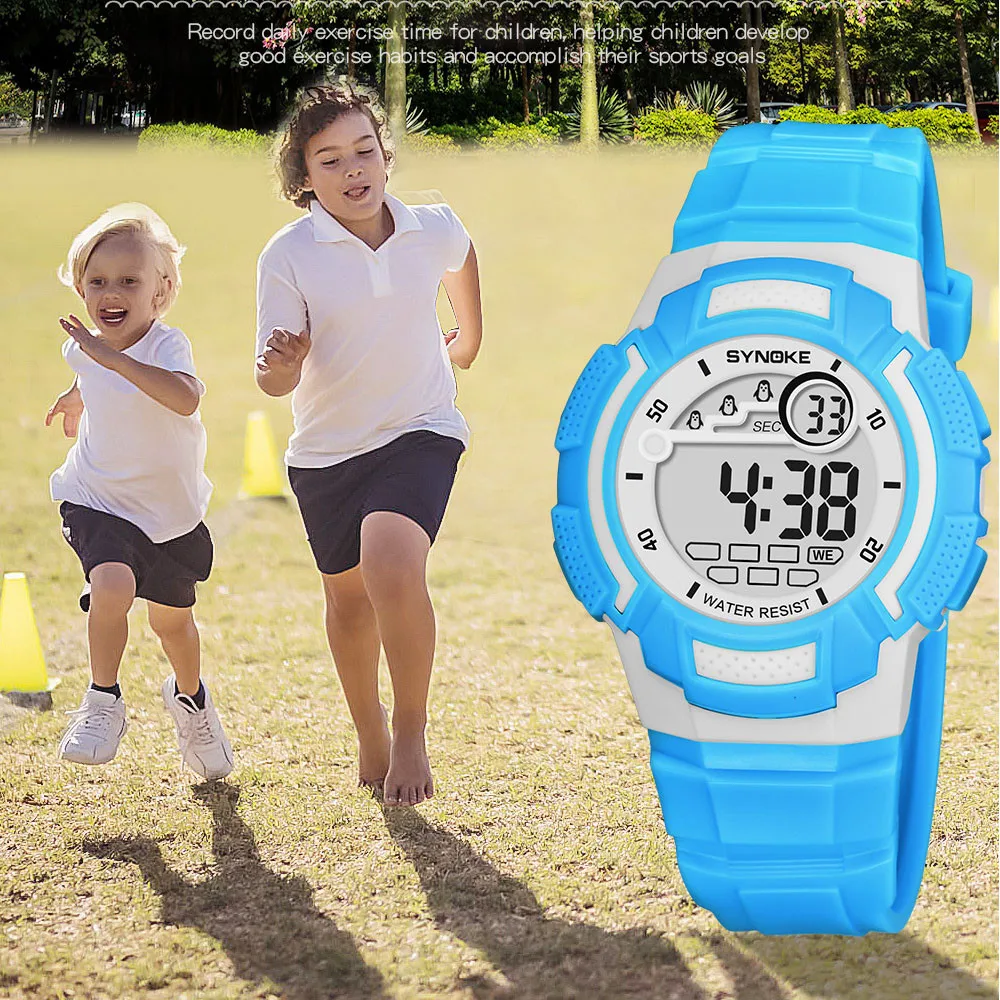 SYNOKE Мода Повседневное бренд детей смотреть Нескольких Функция 50 м Водонепроницаемый светодиодный цифровой двойного действия Детские часы