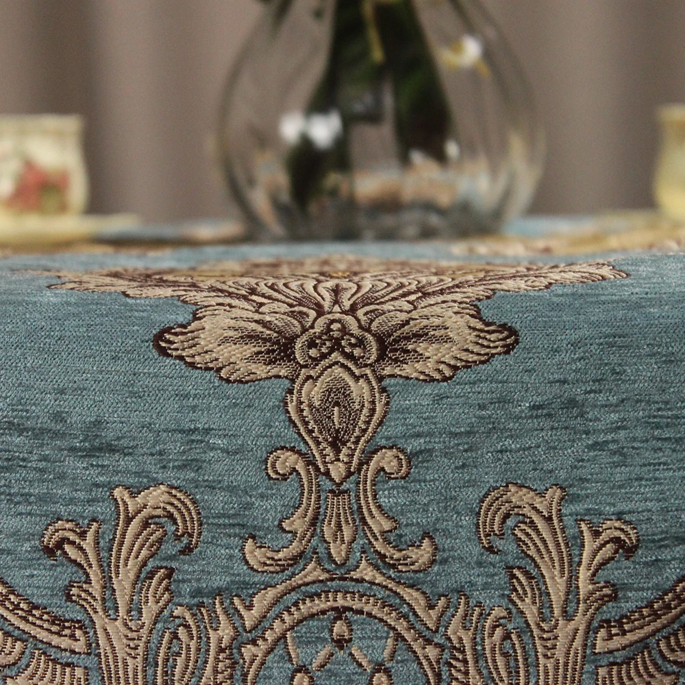  CURCYA European Blue Chenille Jacquard Luxury Table Cloth Formal Dining Table Covers Home Decorativ