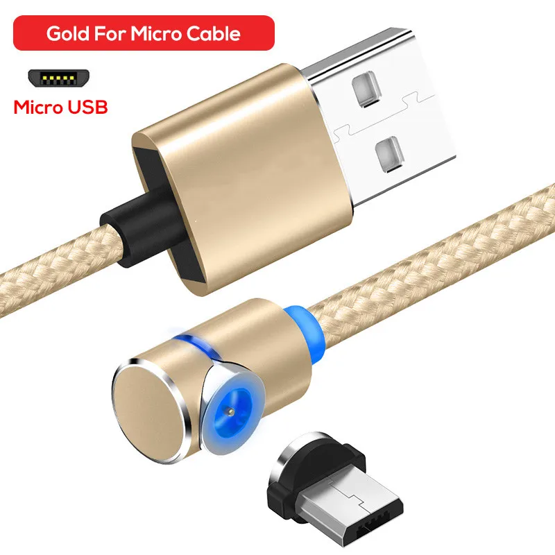 Магнитный Micro USB кабель 90 градусов 1 м 2 м Быстрая зарядка Магнето зарядное устройство Шнур для xiaomi samsung lg htc android мобильный телефон кабель - Цвет: For Micro Gold