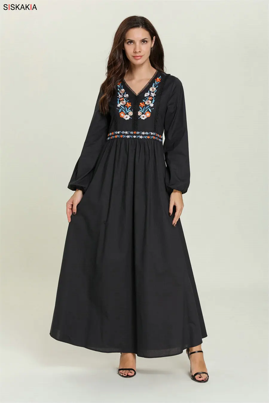 Siskakia повседневное мусульманское длинное платье в этническом стиле с v-образным вырезом и длинным рукавом, Цветочная вышивка, макси платья черного цвета, большие размеры, Арабская одежда