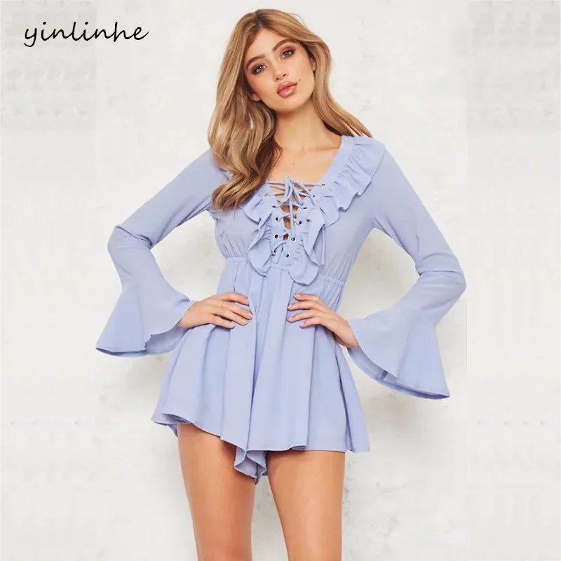 yinlinhe Blue Playsuit Women Long Flare Sleeve V neck Lace Up Summer Playsuit Shorts Jumpsuit Ruffles Sexy Loose Pants   1