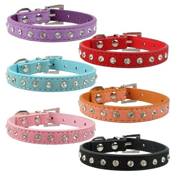 

5 Colors Hot 1 PC Soft Suede Fashion Bling Leather Rhinestone Leash Cute Dog Puppy Collars Pet Buckle Single Row