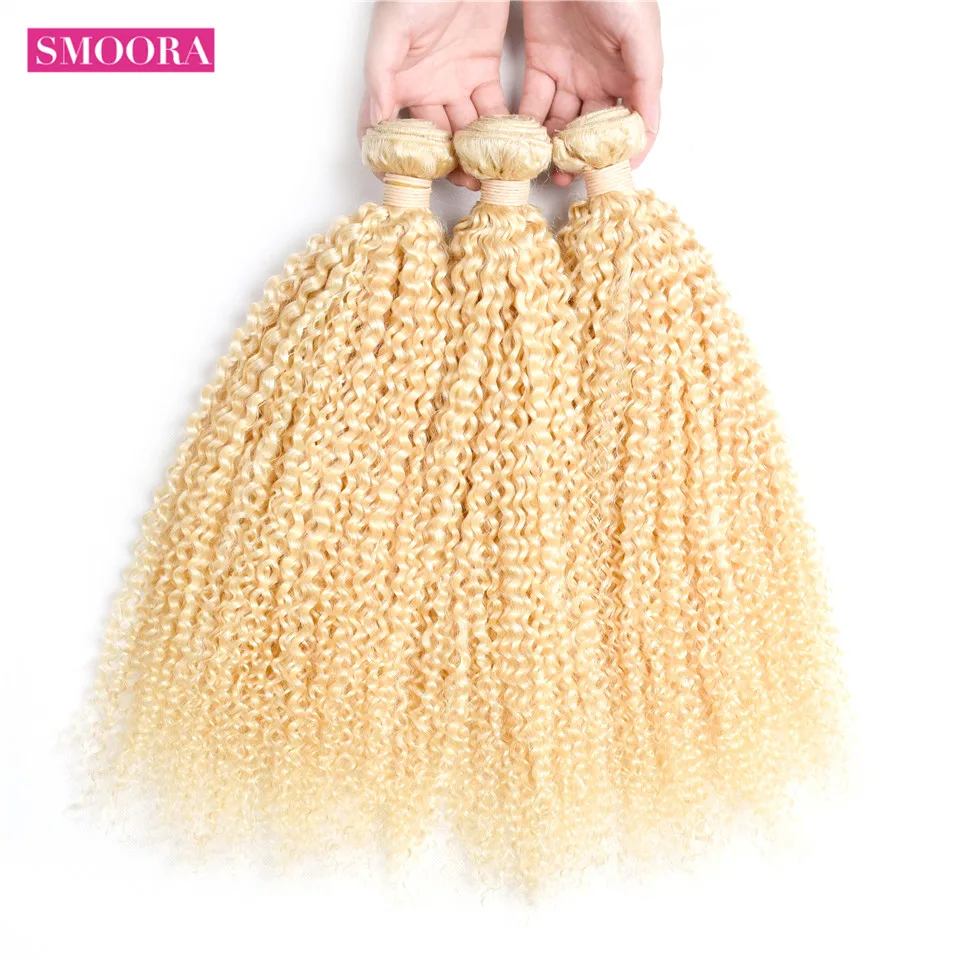 Smoora Remy Hair Brazilian Kinky Curly Hair 4 Bundles With Closure 613 Blonde Color Human Hair With 4x4 Transparent Lace Closure Smoora Remy Hair Brazilian Kinky Curly Hair 4 Bundles With Closure 613 Blonde Color Human Hair With 4x4 Transparent Lace Closure
