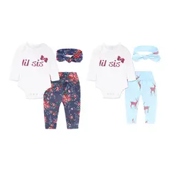 Комплект из 3 шт./компл. для новорожденных мальчиков, комбинезон с буквенным принтом + камуфляжные штаны + повязка на голову, комплект одежды