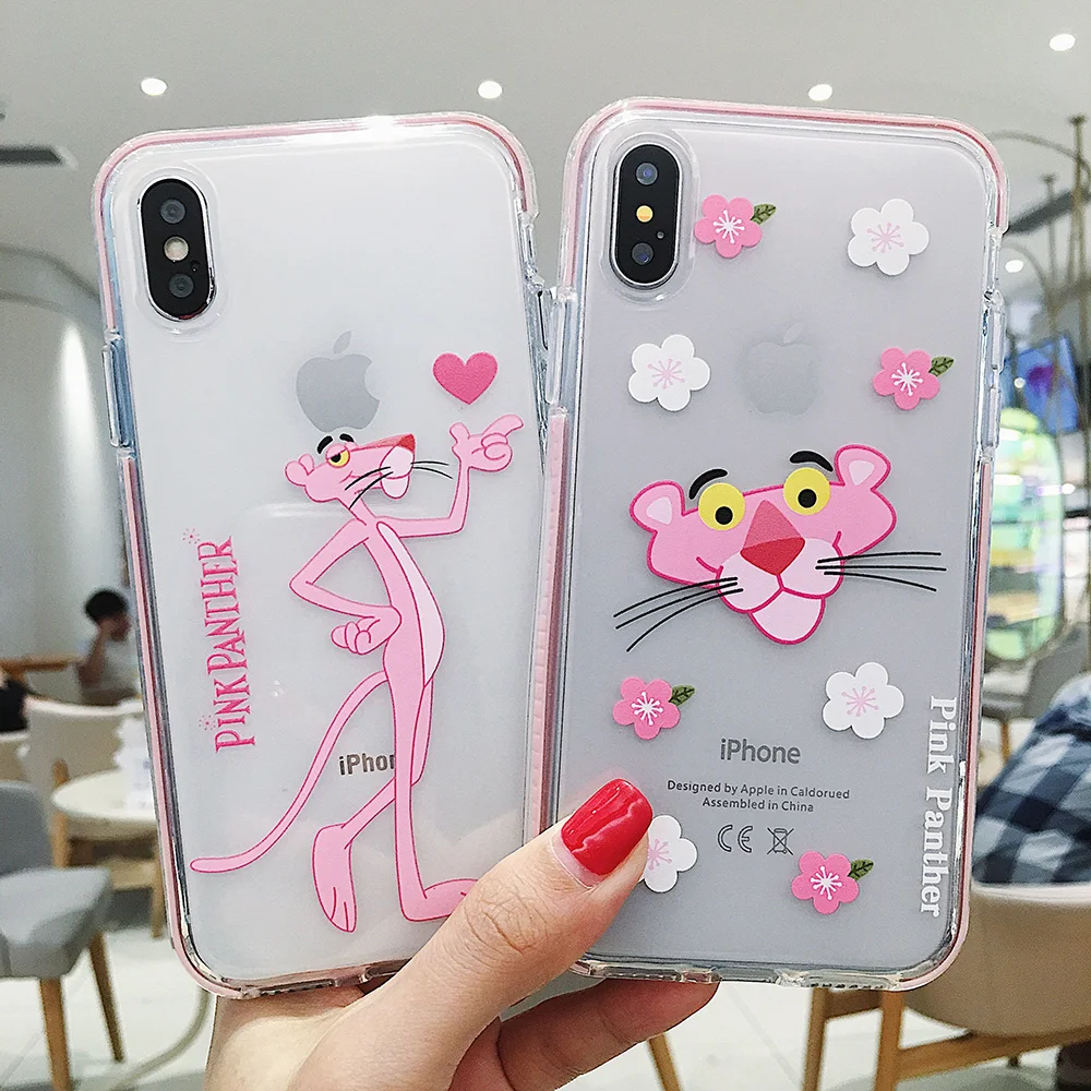 

Cartoon Pink Panther Phone Couple Case Soft TPU Cute Lucency for iPhone 6 6s 7 8 Plus X XS XR XS Max Luxury